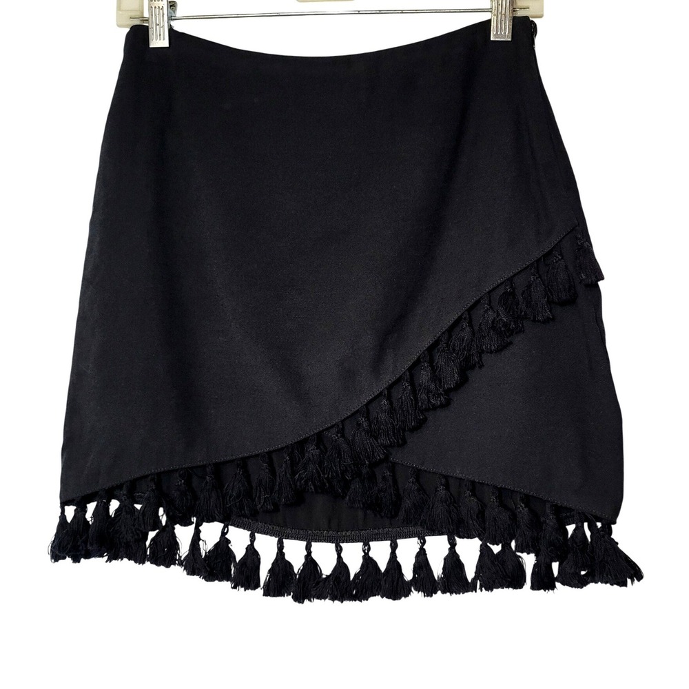 VICI Black Tassel Trim Faux Wrap Mini Skirt Small Boho Party Festival Western